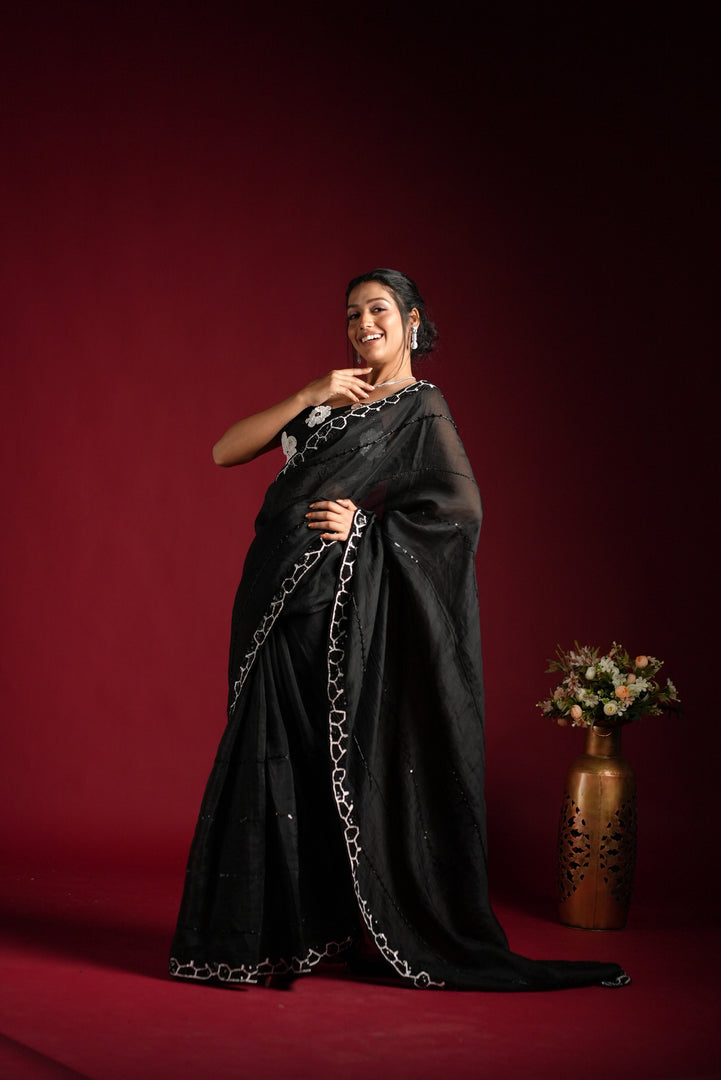 Black Georgette Saree with White Embroidery