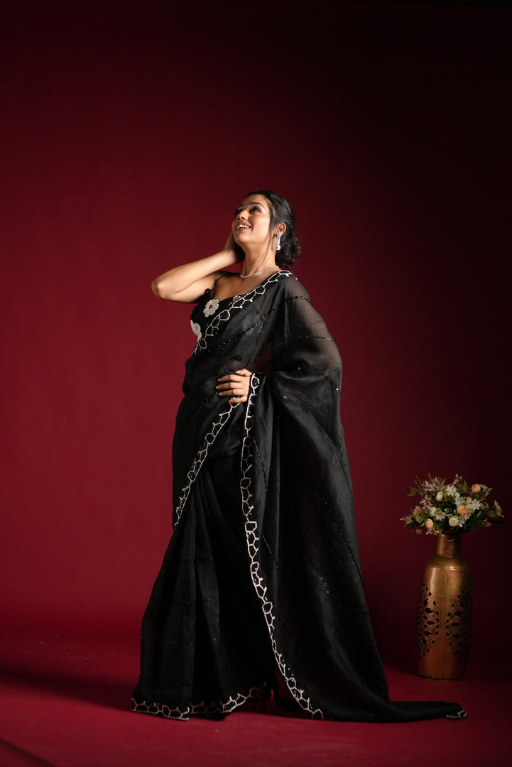 Black Georgette Saree with White Embroidery