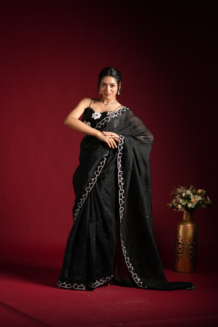 Black Georgette Saree with White Embroidery