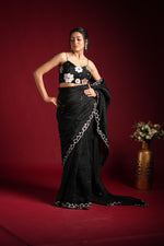 Load image into Gallery viewer, Black Georgette Saree with White Embroidery
