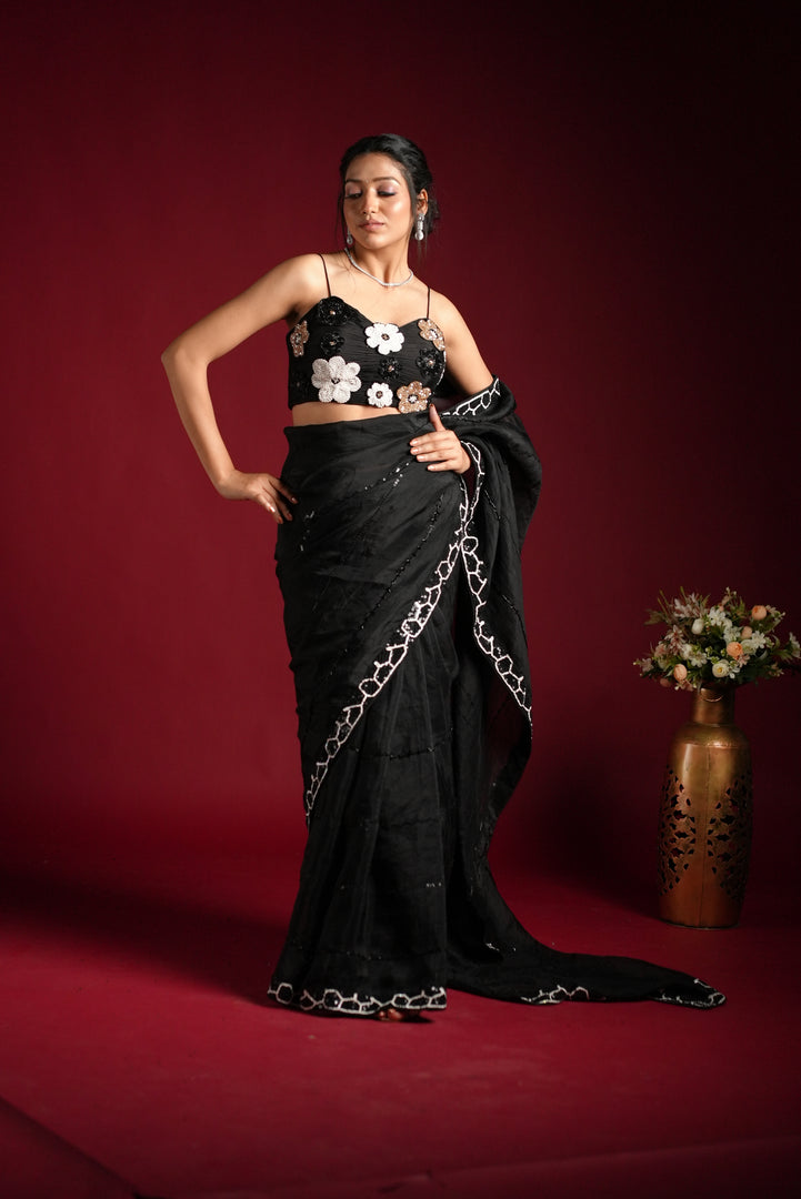 Black Georgette Saree with White Embroidery