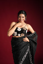 Load image into Gallery viewer, Black Georgette Saree with White Embroidery
