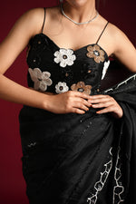 Load image into Gallery viewer, Black Georgette Saree with White Embroidery
