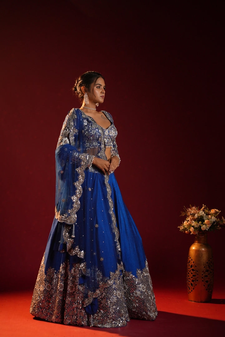 Royal Blue Crystal Embellished Lehenga Set