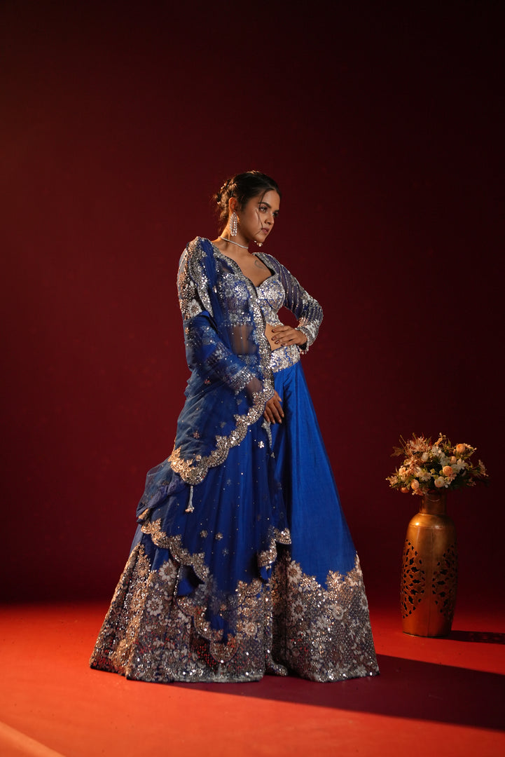 Royal Blue Crystal Embellished Lehenga Set