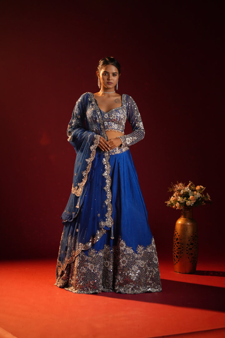 Royal Blue Crystal Embellished Lehenga Set