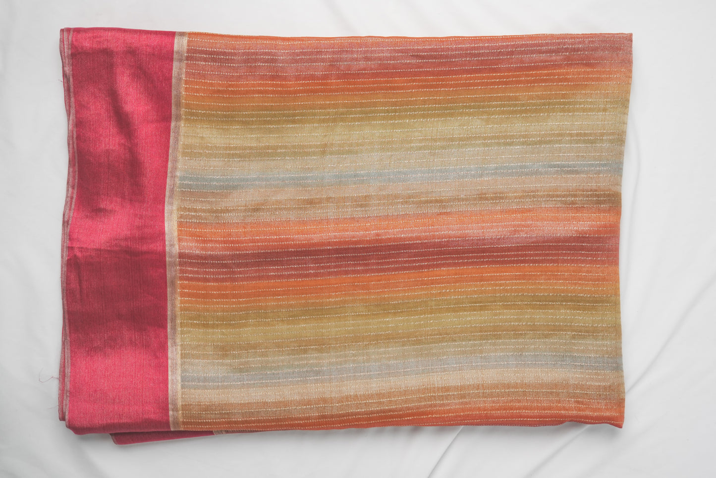 Vibrant Stripe Weave Chiffon Saree with Rich Pink Border
