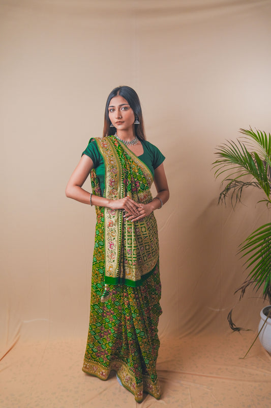 Royal Green Banarasi Georgette Bandhej Saree with Zari Work