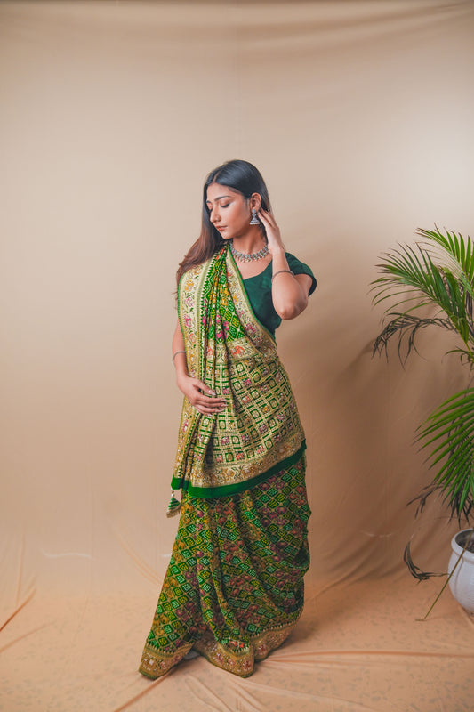 Royal Green Banarasi Georgette Bandhej Saree with Zari Work