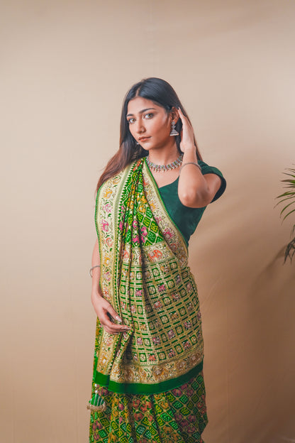 Royal Green Banarasi Georgette Bandhej Saree with Zari Work