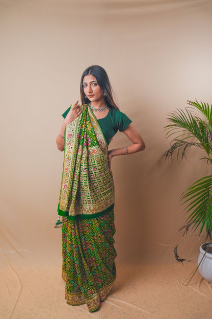 Royal Green Banarasi Georgette Bandhej Saree with Zari Work