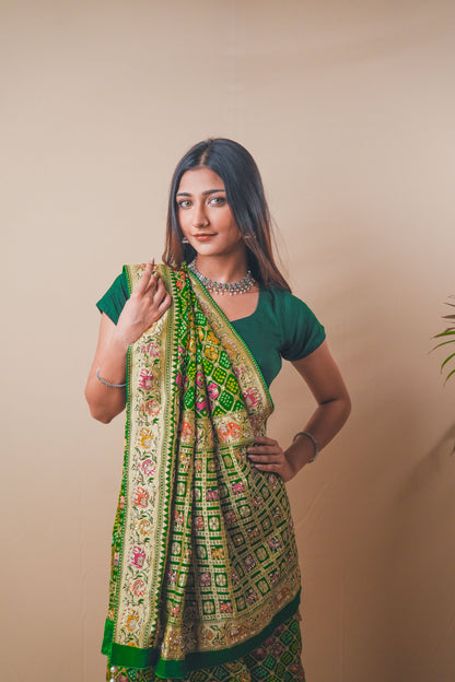 Royal Green Banarasi Georgette Bandhej Saree with Zari Work