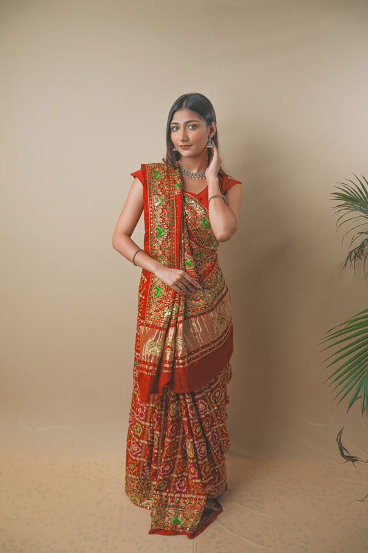 Red Gaji Silk Saree with Ghar Chola & Pitta Handwork