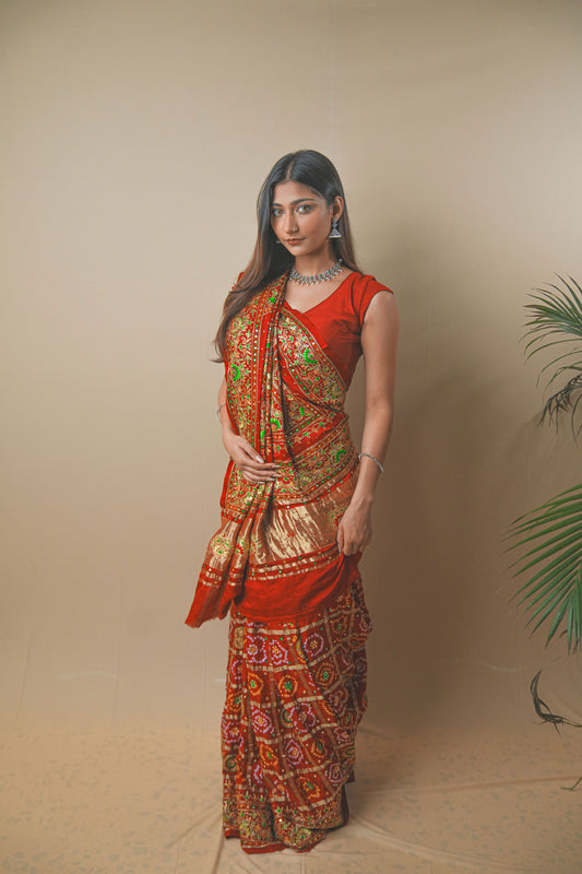 Red Gaji Silk Saree with Ghar Chola & Pitta Handwork
