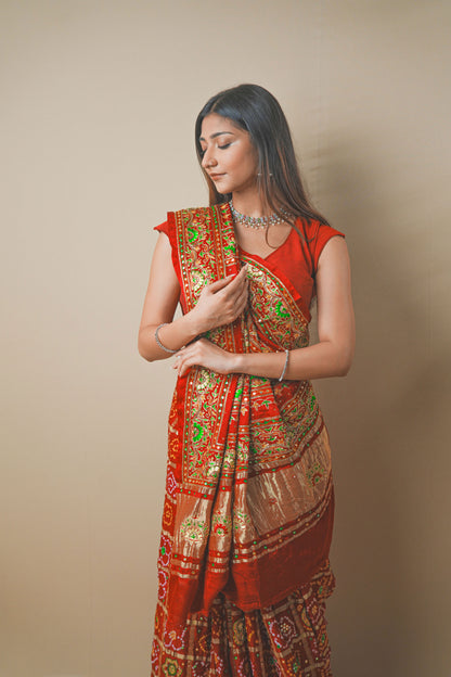 Red Gaji Silk Saree with Ghar Chola & Pitta Handwork