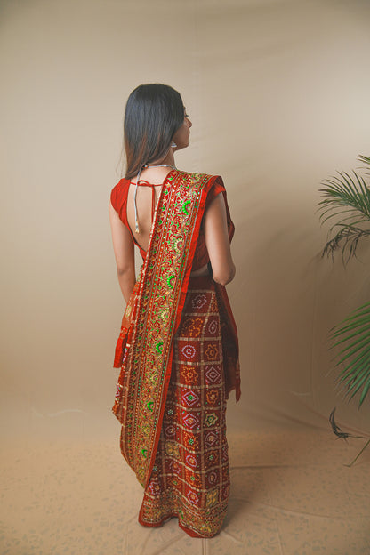 Red Gaji Silk Saree with Ghar Chola & Pitta Handwork