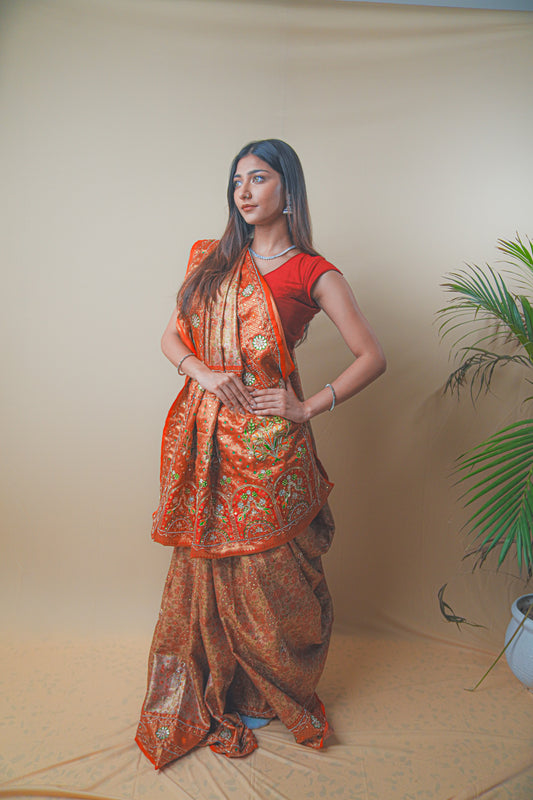 Rust Orange Kanjeevaram Silk Saree with Elegant Kundan Work