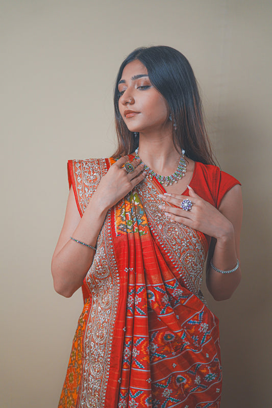 Red & Orange Pure Ikat Patola Saree with Zardozi and Aari Embroidery