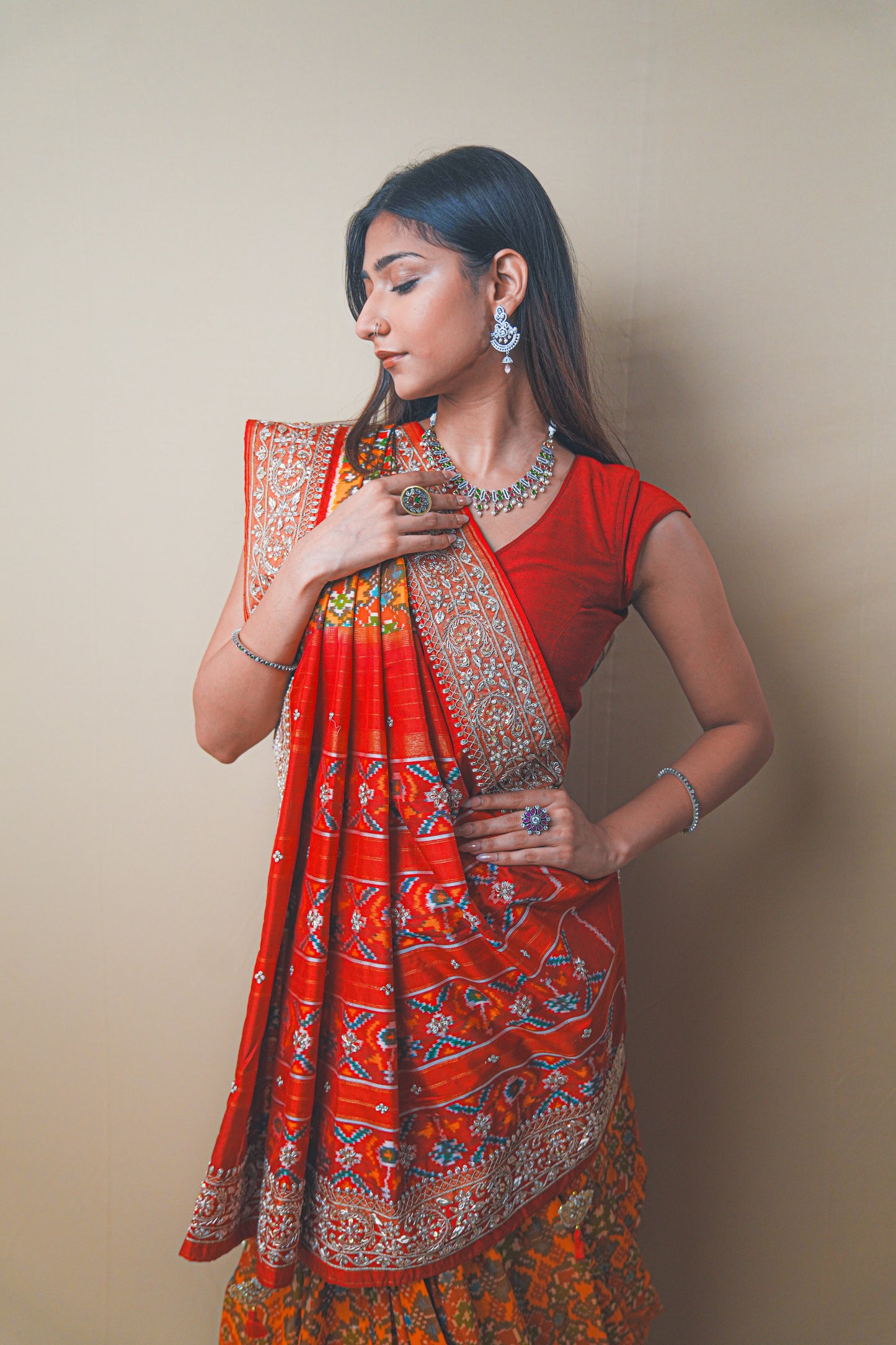 Red & Orange Pure Ikat Patola Saree with Zardozi and Aari Embroidery
