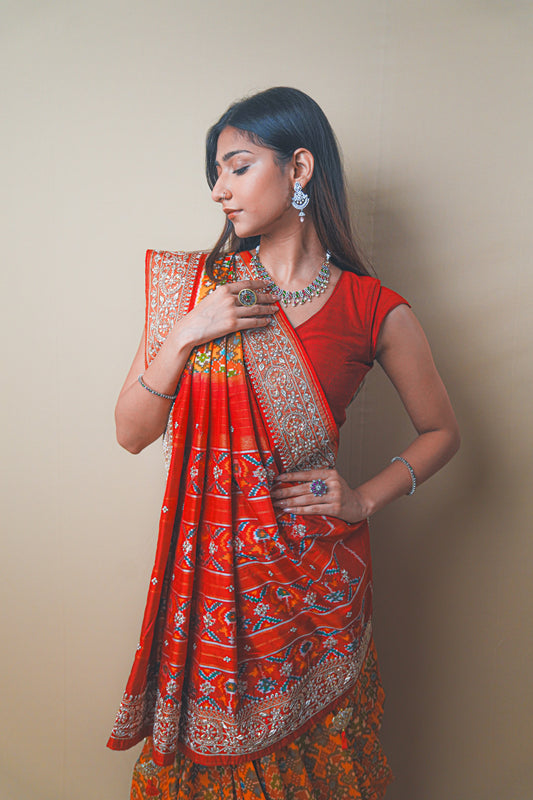 Red & Orange Pure Ikat Patola Saree with Zardozi and Aari Embroidery