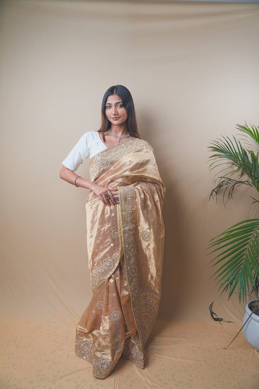 Golden Tissue Saree with Gota and Zardozi Handwork