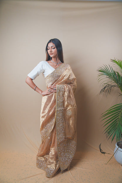Golden Tissue Saree with Gota and Zardozi Handwork