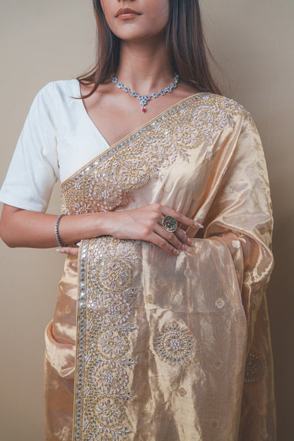 Golden Tissue Saree with Gota and Zardozi Handwork