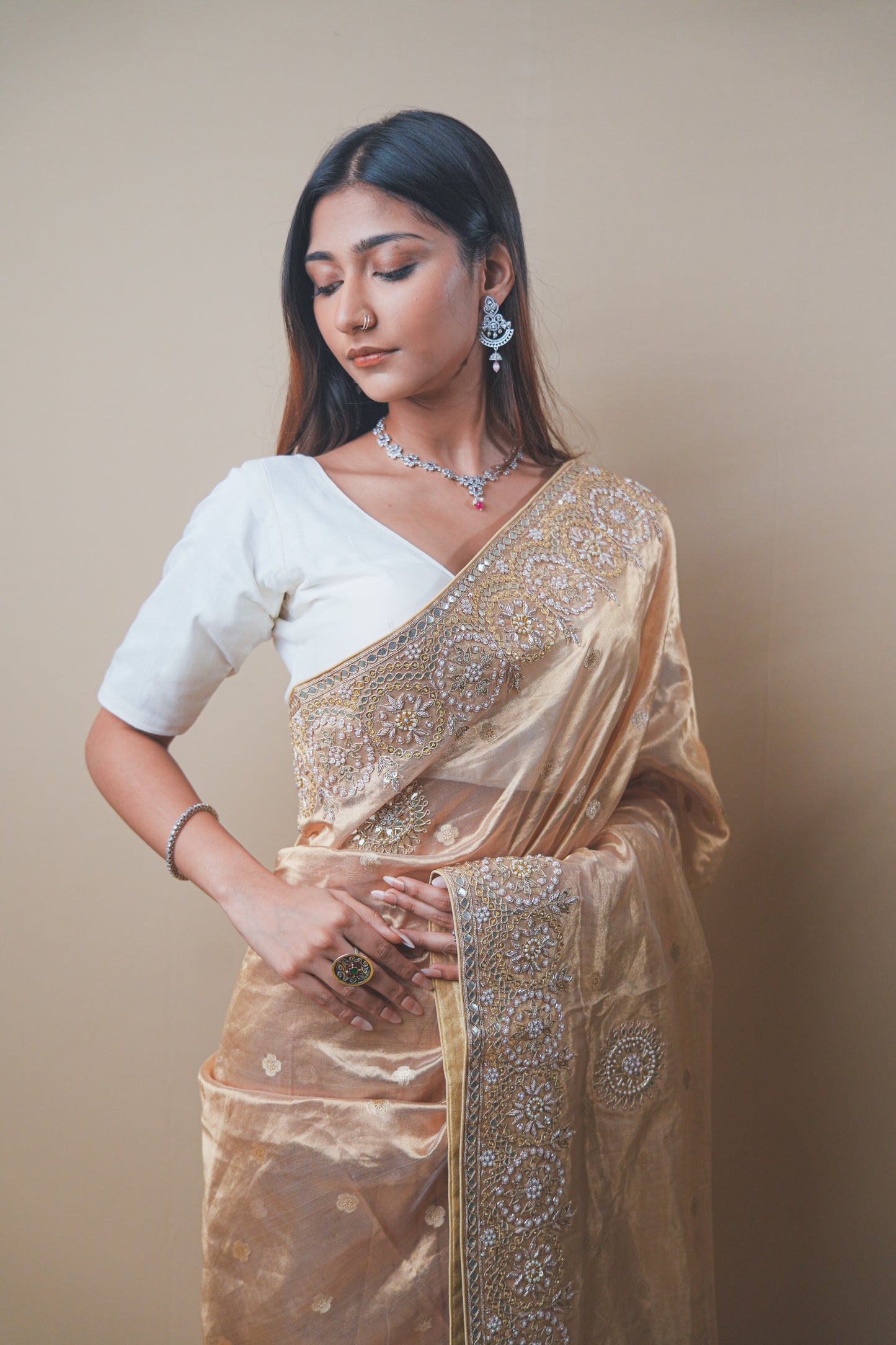 Golden Tissue Saree with Gota and Zardozi Handwork