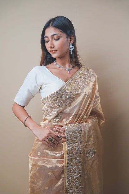 Golden Tissue Saree with Gota and Zardozi Handwork