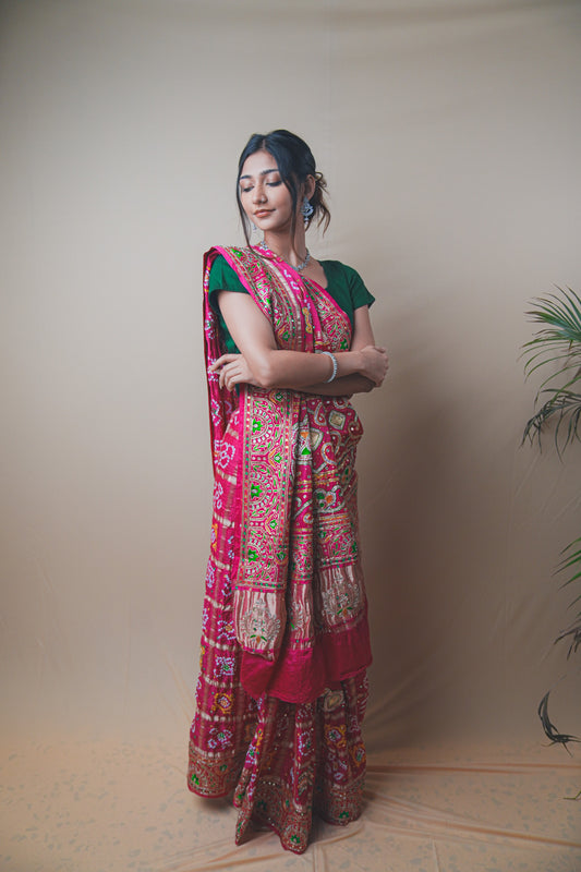 Rani Pink Gaji Silk Saree with Intricate Ghar Chola Work