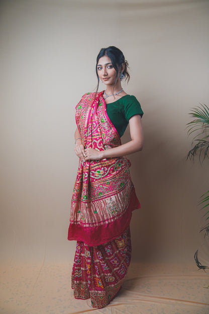Rani Pink Gaji Silk Saree with Intricate Ghar Chola Work