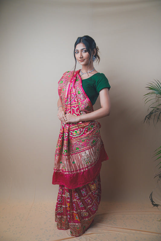 Rani Pink Gaji Silk Saree with Intricate Ghar Chola Work