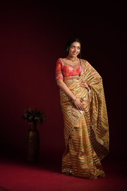 Golden Striped Silk Saree with Embroidered Border