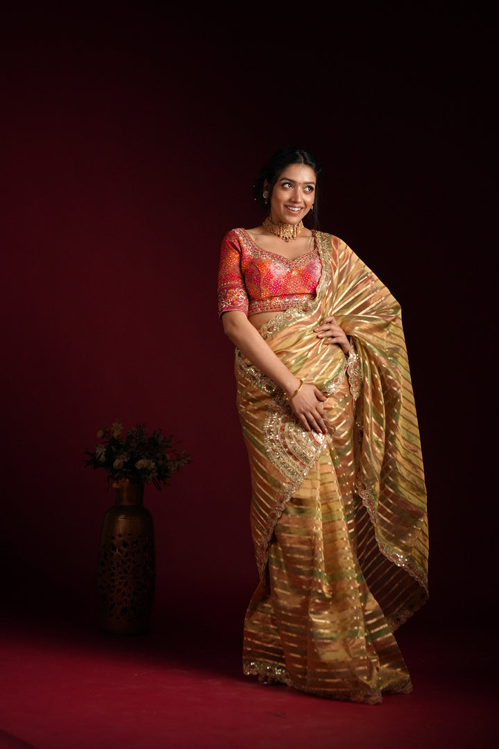 Golden Striped Silk Saree with Embroidered Border