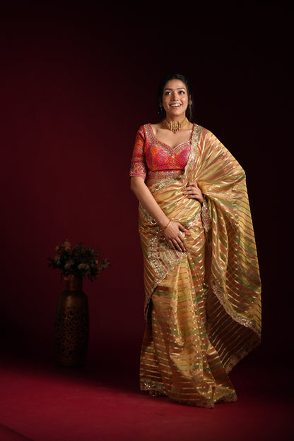 Golden Striped Silk Saree with Embroidered Border