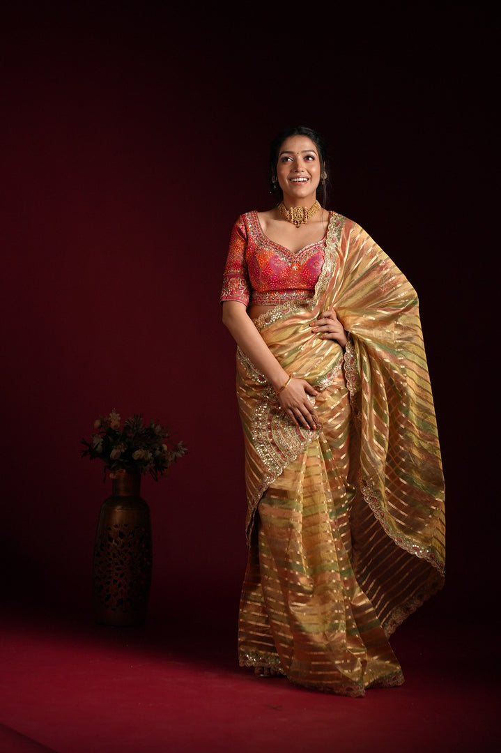 Golden Striped Silk Saree with Embroidered Border