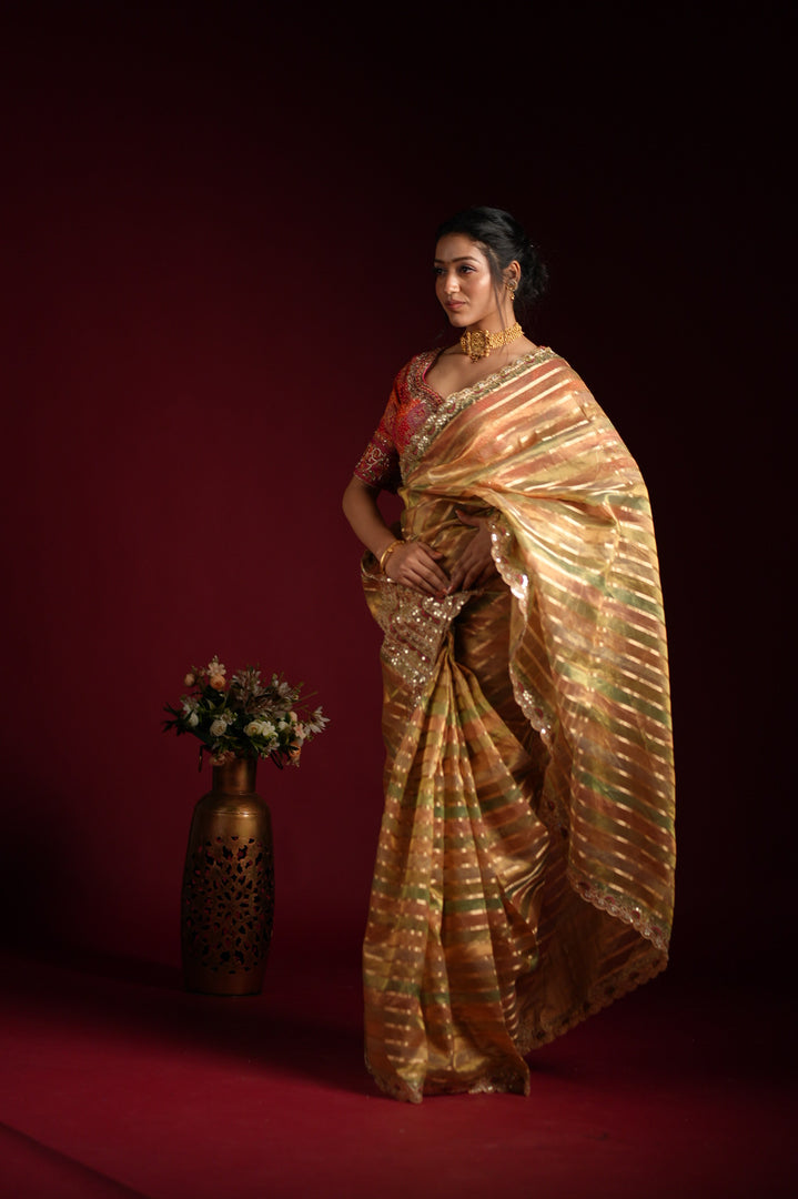 Golden Striped Silk Saree with Embroidered Border