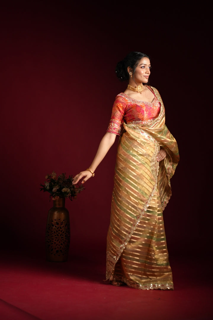 Golden Striped Silk Saree with Embroidered Border