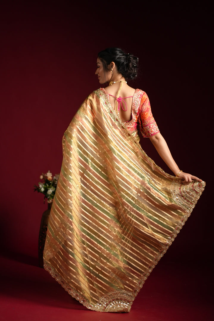 Golden Striped Silk Saree with Embroidered Border