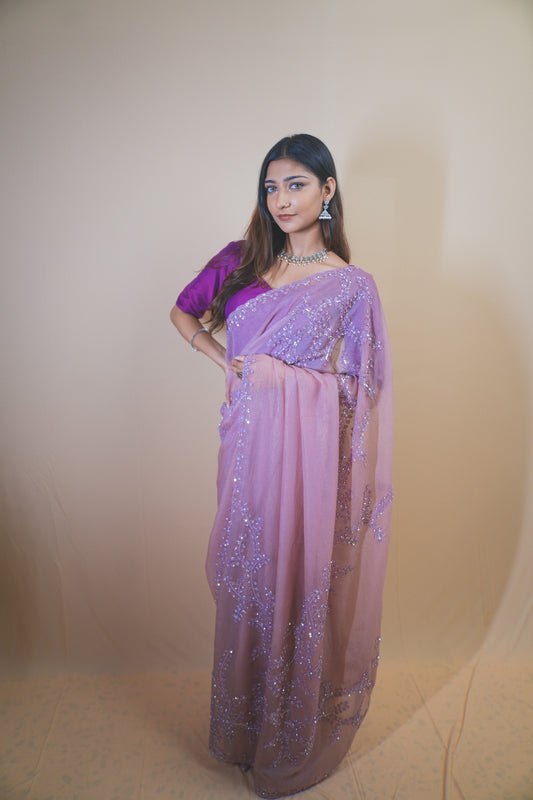 Elegant Light Purple Crushed Tissue Saree Featuring Tikki & Abla Work