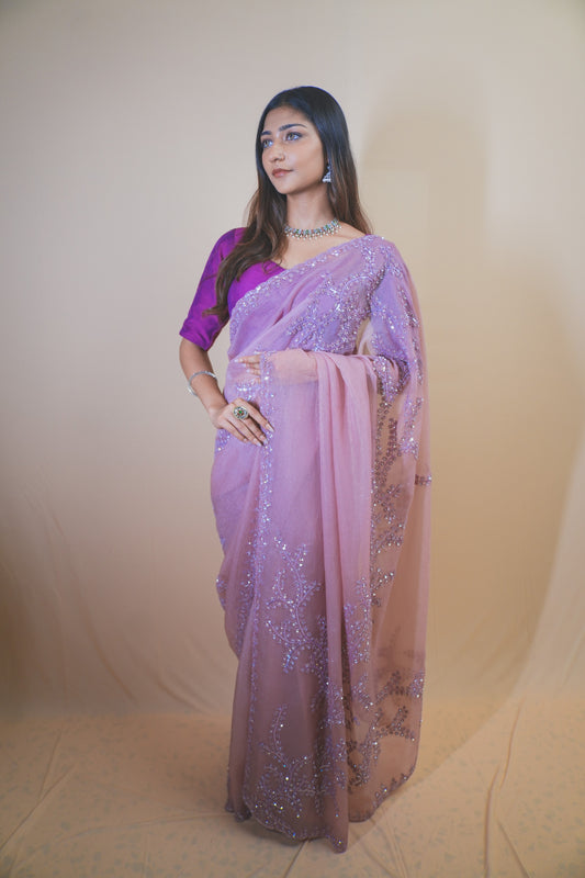 Elegant Light Purple Crushed Tissue Saree Featuring Tikki & Abla Work