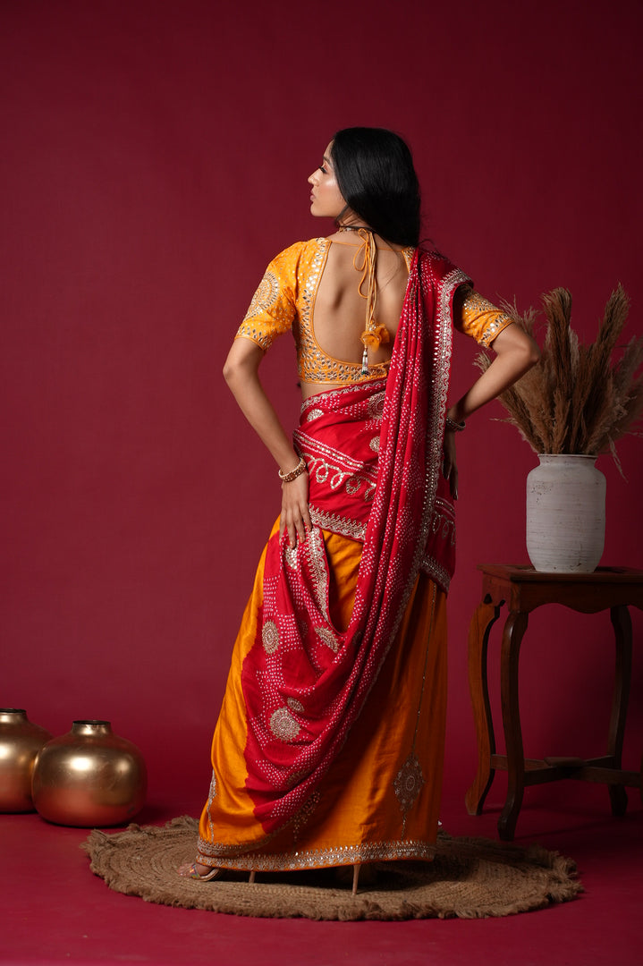 Orange and Red Silk Lehenga with Mirror Work