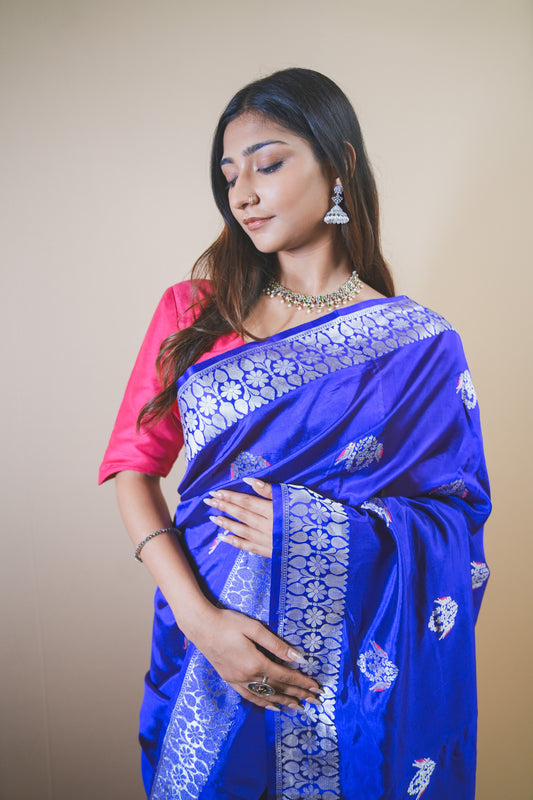 Luxurious Mashru Silk Saree with Silver Zari and Traditional Meenakari Butta
