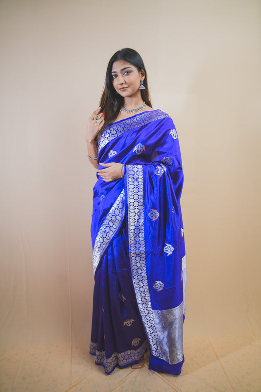 Luxurious Mashru Silk Saree with Silver Zari and Traditional Meenakari Butta