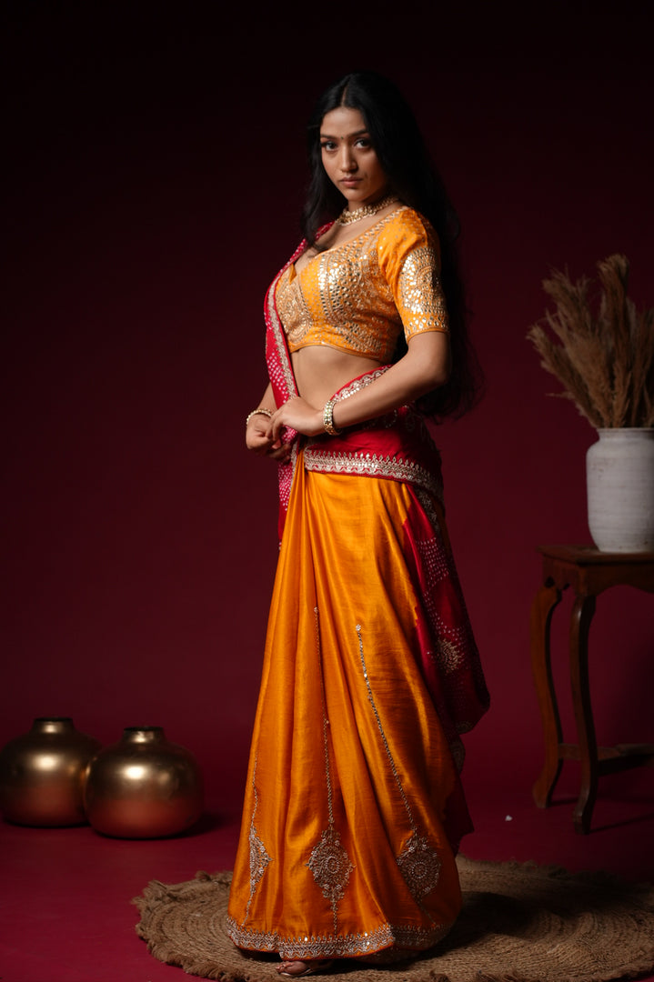 Orange and Red Silk Lehenga with Mirror Work