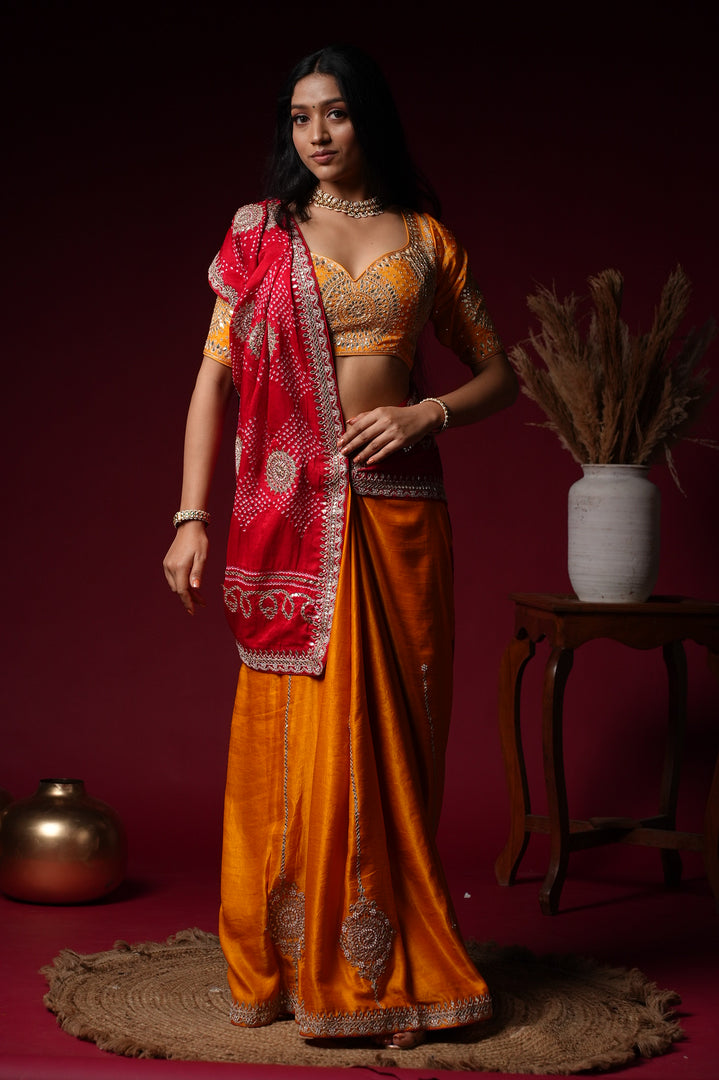 Orange and Red Silk Lehenga with Mirror Work