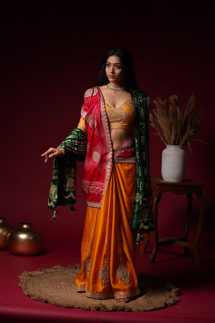 Orange and Red Silk Lehenga with Mirror Work