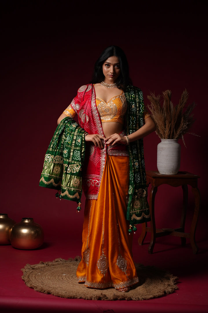 Orange and Red Silk Lehenga with Mirror Work