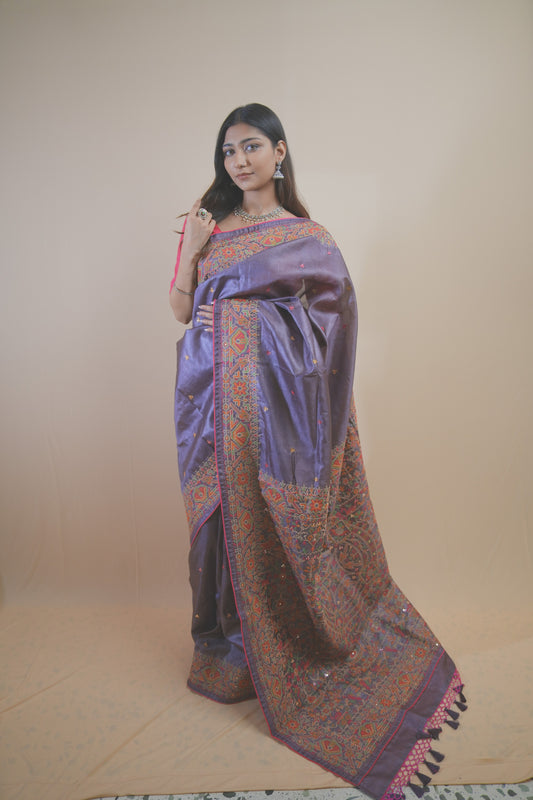 Purple Tassal Silk Saree with Elegant Ankar Work