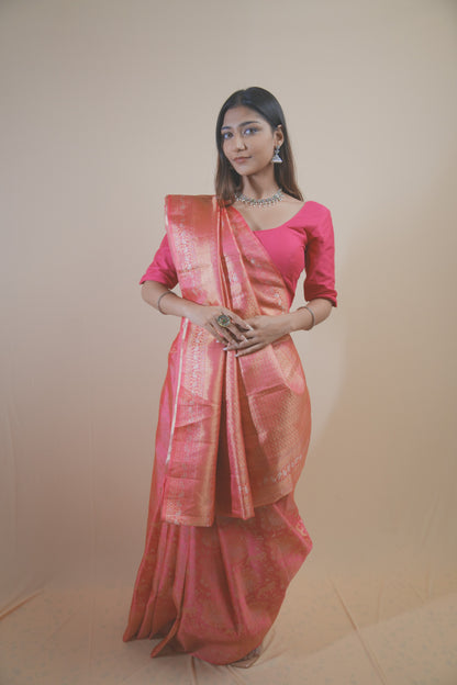 Elegant Peach Dharamavaram Silk Saree with Intricate Zari Weaving